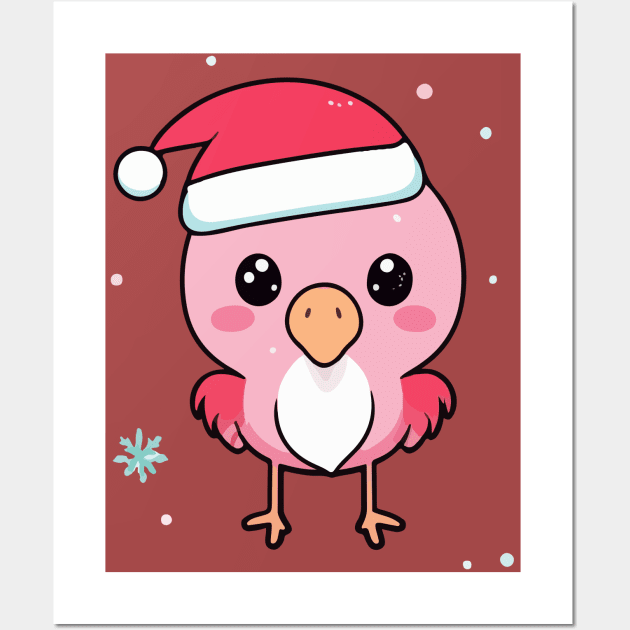 Kawaii Christmas Flamingo - Adorable Holiday Delight for Flamingo Lovers Wall Art by Rishirt